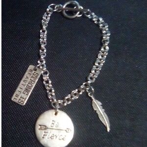 Charm Bracelet Silver-Tone Be Fierce, Strong is Beautiful Feather Toggle Closure